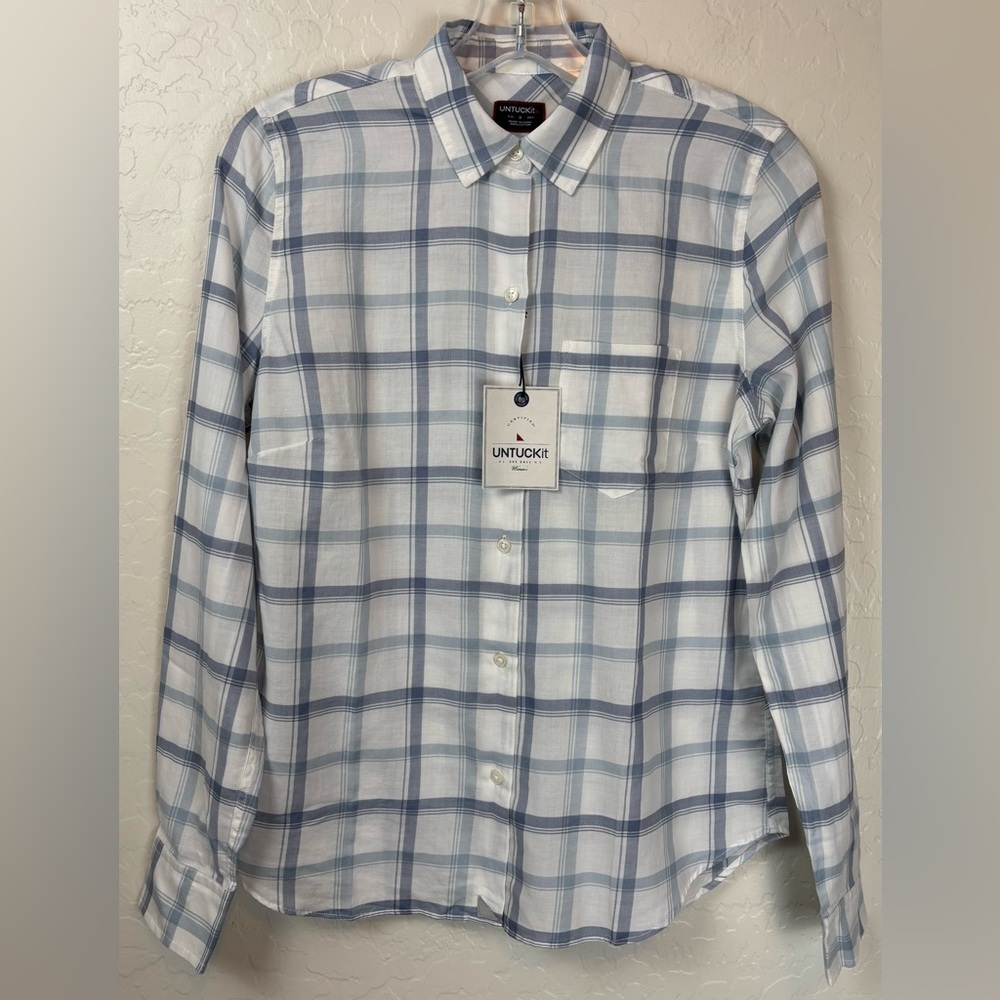 NEW Untuckit The Melini White Blue Plaid Check Button Long Sleeve 16 Preppy 0976